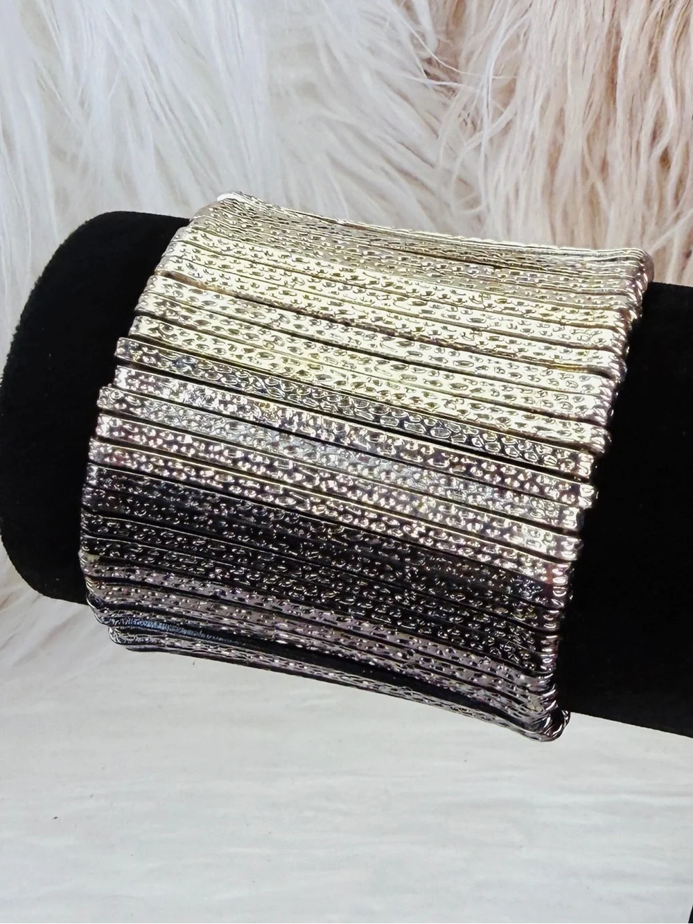 Silvertone aged Goldtone, black gunmetal wide band stretch bracelet